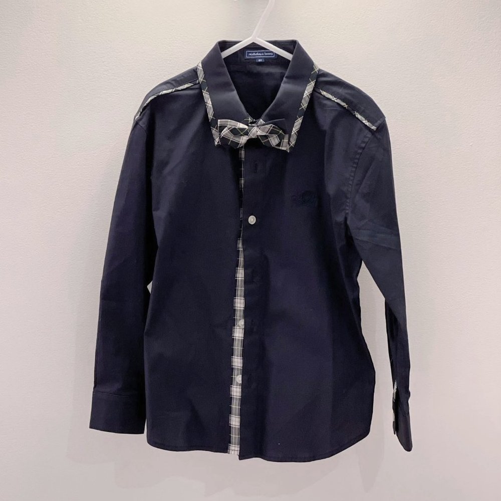 Nicolas & Bears Polka Navy Button Up Dress Shirt With Bow Tie